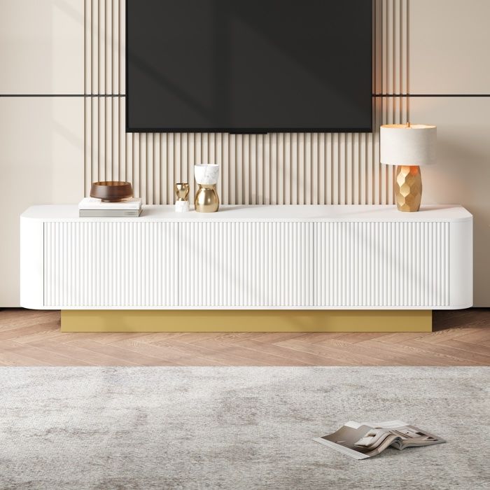 Meuble TV moderne avec rangement - Design arrondi gestion des câbles et façade texturée - Console média pour salon Meuble TV moderne avec rangement - Design arrondi gestion des câbles et façade texturée - Console média pour salon