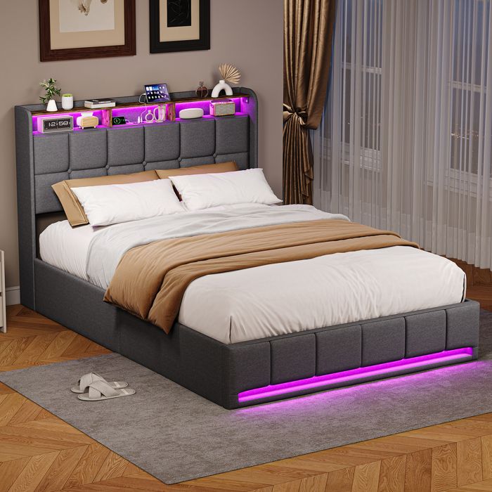 Lit Coffre 160x200 avec LED USB et Type-C Lit Double Rembourré avec Rangement Cadre de Lit sommier à lattes Lin Gris