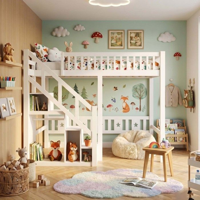 Lit Haut Multifonctionnel 90x200 pour Enfant et Ado - Escalier à Marches de Stockage - Structure en Pin Massif Laqué Blanc - Chic