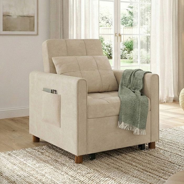 Fauteuil convertible EMILE lit dappoint 1 place tissu chenille beige Fauteuil convertible EMILE lit dappoint 1 place tissu chenille beige