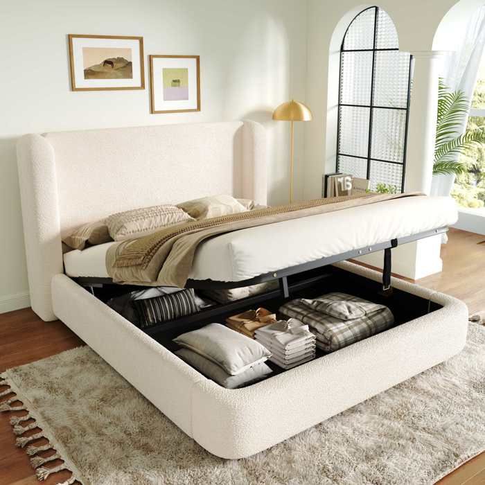 Lit capitonné double 160×200cm Lit coffre hydraulique Lit rembourré en bouclé avec rangement sommiers à lattes - beige
