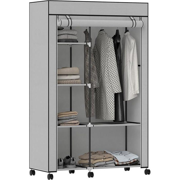 Armoire penderie en Tissu Meuble de Rangement Mobile 6 roulettes avec Tringle à vêtements et étagères Ouvertes Gris PENDERIE SOUPLE