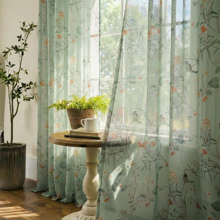 Lot De 2 Rideaux Vert Sauge De 213 Cm De Long Pour Salon Chambre À Coucher Motif Imprimé Feuilles Printanières Oiseaux Et[RO534]