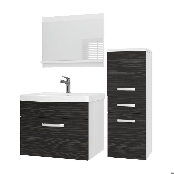 BELINI Meuble de Salle de Bain PRI M2 90 cm - Ébène Mat - Meuble avec Vasque Céramique + Miroir avec Étagère - Suspendu