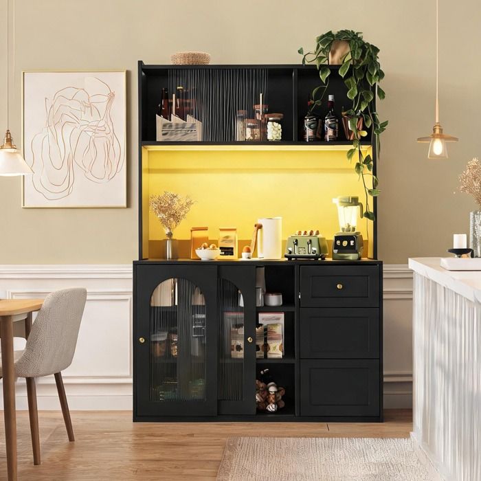 Buffet haut design profond noir avec portes coulissantes vitrées et éclairage LED 120 x 35 x 167 cm