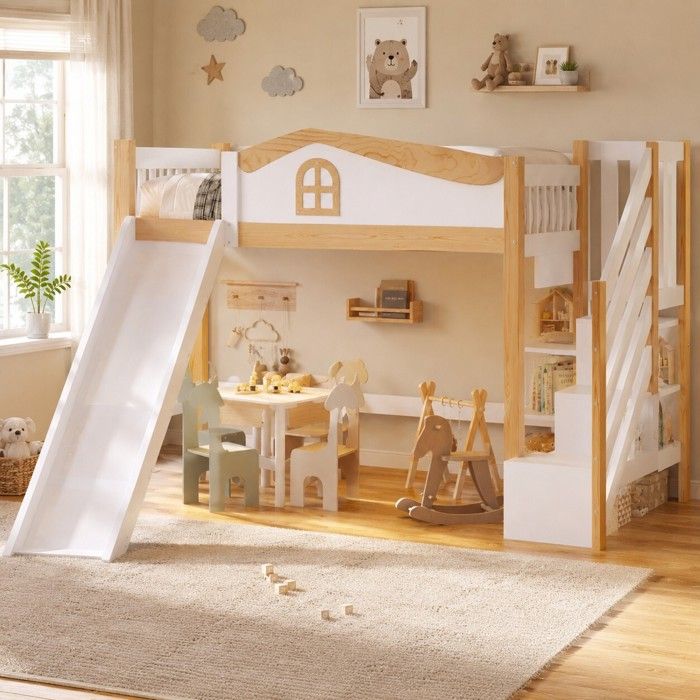 Lit mi-hauteur avec éclairage LED Lit pour enfant 90×200cm doté de barrières de sécurité et descaliers de rangement blanc