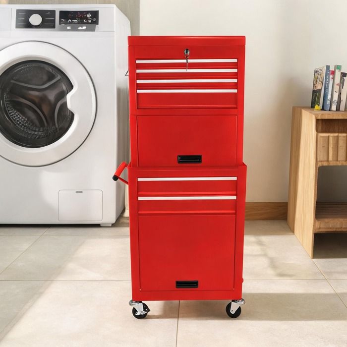 Meuble à outils roulant en acier deep red 6 tiroirs avec coffre amovible et roulettes freinées pour garage atelier