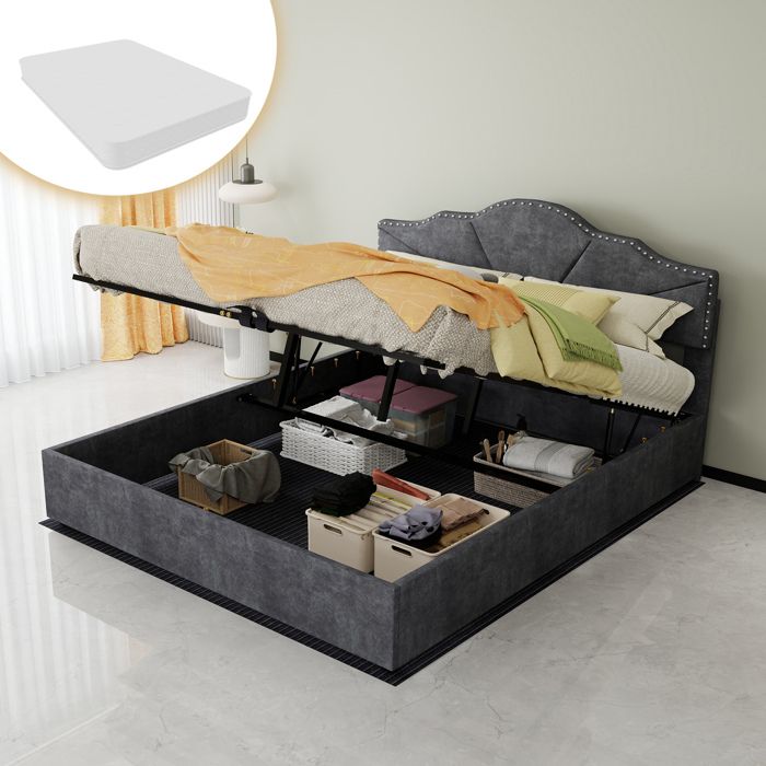 MEUBLIV Lit coffre 160x200 cm gris avec sommier à lattes vérins pneumatiques et matelas inclus