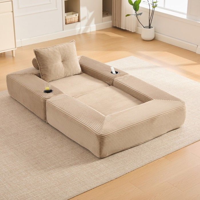Canapé dangle convertible - MINIMAL - 3 places - tissu velours côtelé kaki - coffre de rangement - matelas mémoire de forme Canapé dangle convertible - MINIMAL - 3 places - tissu velours côtelé kaki - coffre de rangement - matelas mémoire de forme