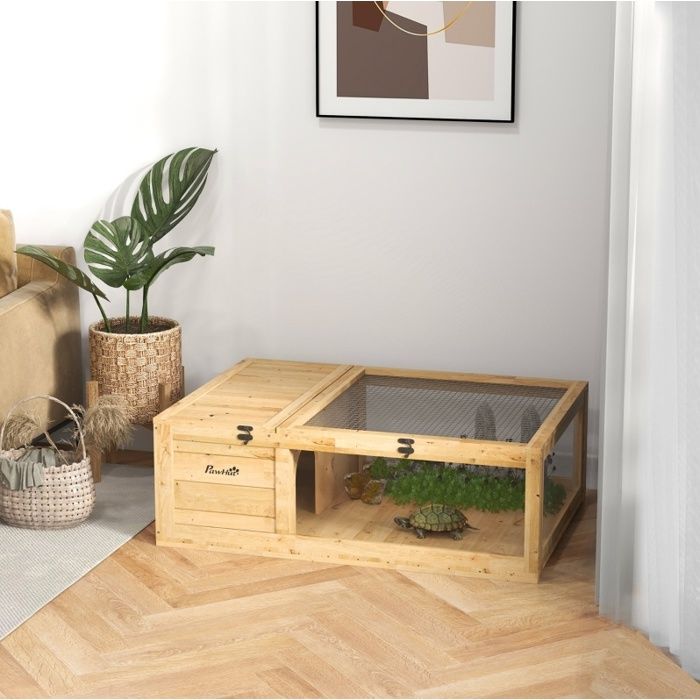Maison pour tortue en bois 91 x 60 5 x 32 cm avec toit ouvrant et double espace jaune