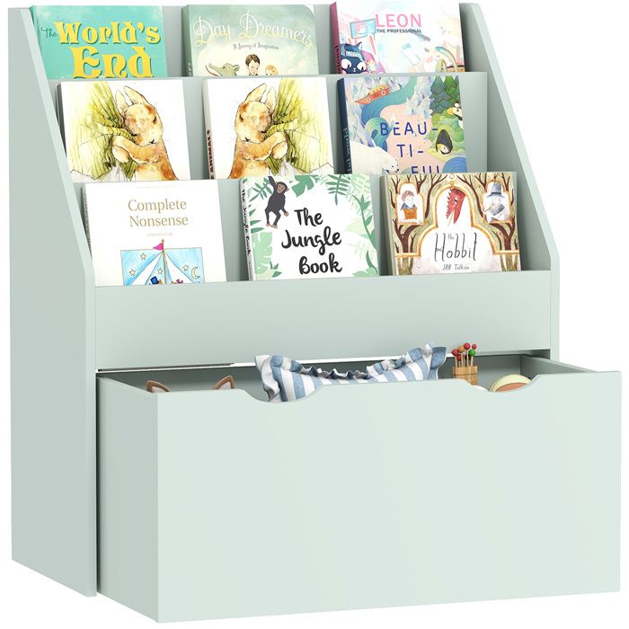 Bibliothèque pour enfants - AIYAPLAY - Multi-Rangement avec 3 niveaux détagères et un tiroir - 62 5L x 30l x 70H cm - vert Bibliothèque pour enfants - AIYAPLAY - Multi-Rangement avec 3 niveaux détagères et un tiroir - 62 5L x 30l x 70H cm - vert