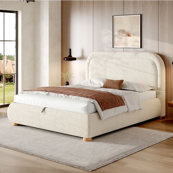 Lit double 140 x 190 cm EVRYAE sommier à lattes rangement hydraulique tête rembourrée bouclé beige