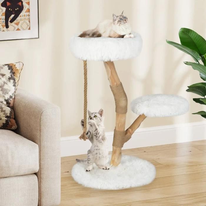 Tour en bois blanc pour chat 50x50x89cm - plateforme poteaux en sisal structure robuste anti-bascule moderne & élégant pour chat