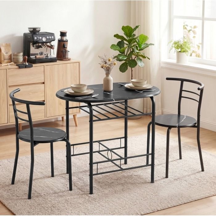 Ensemble table à manger 3 pièces pour 2 personnes noir effet marbre avec rangement sous table style industriel