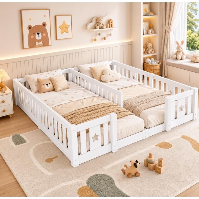 Lit Enfant au Sol 90x200 cm avec Barrières de Sécurité Lit Double avec Motif Etoiles et Sommier à Lattes Design Montessori Blanc