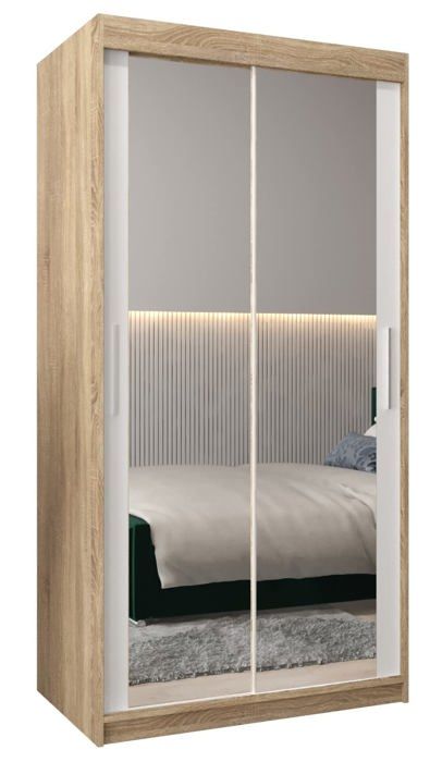 Armoire Portes Coulissantes MADRYT 120 - Chêne Sonoma - Avec Miroir Et étagère - L120 X H200 X P62 Cm