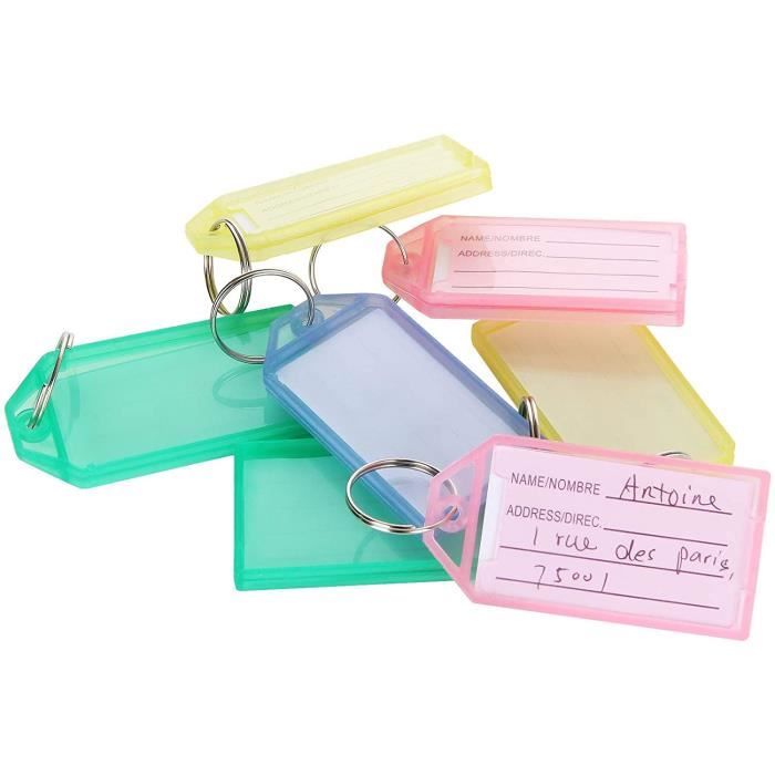 Lot de 100 étiquettes en plastique robuste avec anneau fendu coloré étiquettes en plastique avec porte-étiquette ID étiquettes balises avec anneau fendu Porte-clés Couleurs assorties 