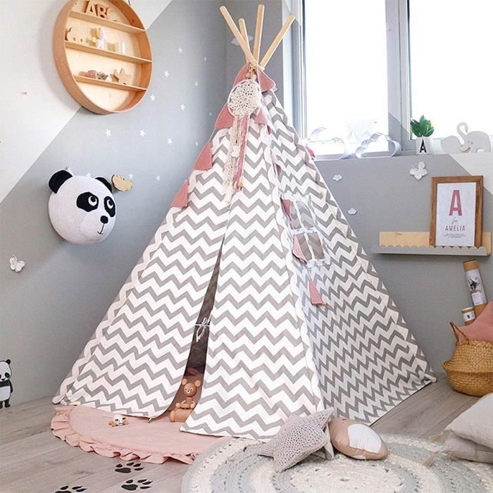 Tipi Enfant FREOSEN Avec Guirlande Lumineuse, 120x120x160 Cm, Coton Et Bois, Neuf