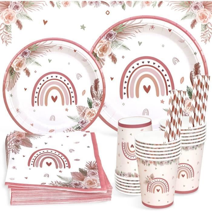 200 pièces ensemble de vaisselle de fête arc-en-ciel rose, 25