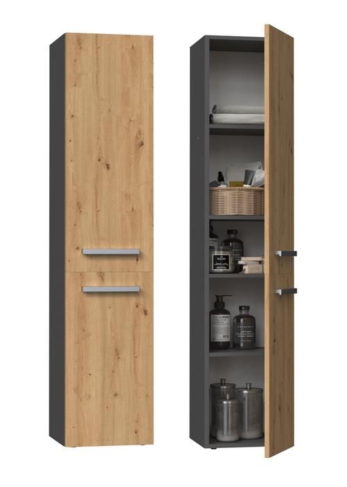 Kleankin Meuble Colonne Armoire Rangement Salle De Bain 2 Portes 2 Niches 30x30x183 Cm Chêne Gris Foncé - Étagère Réglable