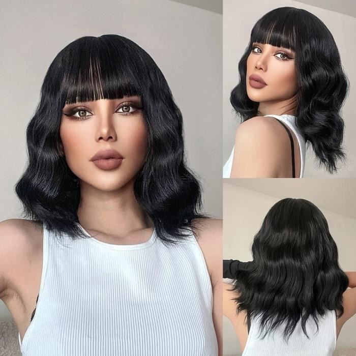 Perruque Synthétique Femme Noire Bouclée Courte - Style Pixie Avec Frange - Taille Moyenne