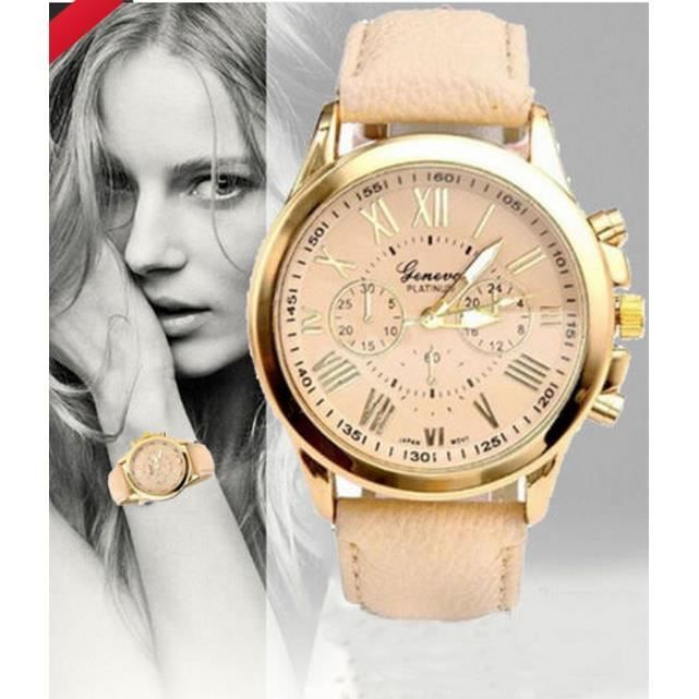 Montre Femme ERNEST Mouvement Quartz - Cadran Chiffres Romains Rose Gold, Bracelet Cuir Noir - Neuf Avec Boîte 2023