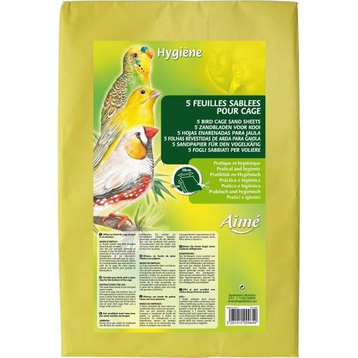 Feuilles sablées pour cage oiseaux - AIME - 5 feuilles - Dimensions 43 x 28 cm
