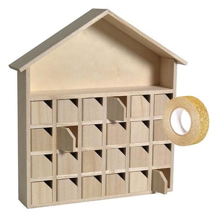 Calendrier de l'Avent bois Maison 31,5 x 7 x 34 cm + masking tape doré