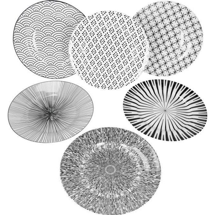 Mambocat Séoul 6 pcs. Service d'assiettes plates I 6 personnes I 6 motifs I noir & blanc I assiette plate I Ø 27 cm