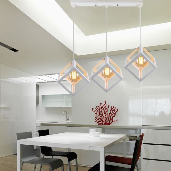 Fusion& Lustre Suspension forme Carré Barre 3 Lampes Abat - Jour Blanc pour Cuisine Bar