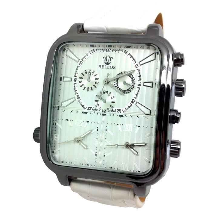 MONTRE HOMME 3 FUSEAUX HORAIRES BLANC SIMILI CUIR XXL CLASSE MODE ARGENT ACIER CLASSE LUXE  IDÉE CADEAU