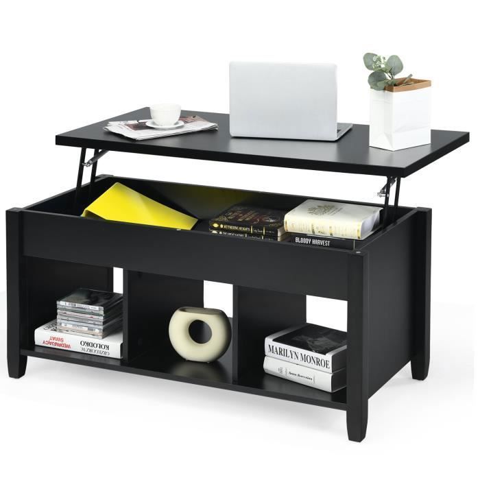 COSTWAY Table Basse avec Plateau Relevable avec 3 Compartiments Ouverts et Dispositif de Levage Pneumatique pour Salon Bureau Noir