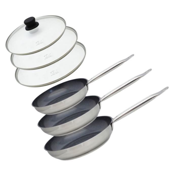 Set de 3 poêles à induction avec couvercles en verre ELO Professional Inox 1810 ELODUR® Ø 24 28 et 32 cm