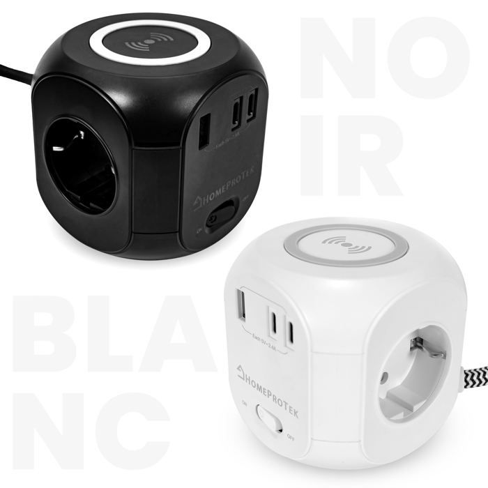 Multiprise cube - HOMEPROTEK - 1 USB A et 2 USB C - Un chargeur à induction - 3 prises Europe - Un bouton ON/OFF - Blanc