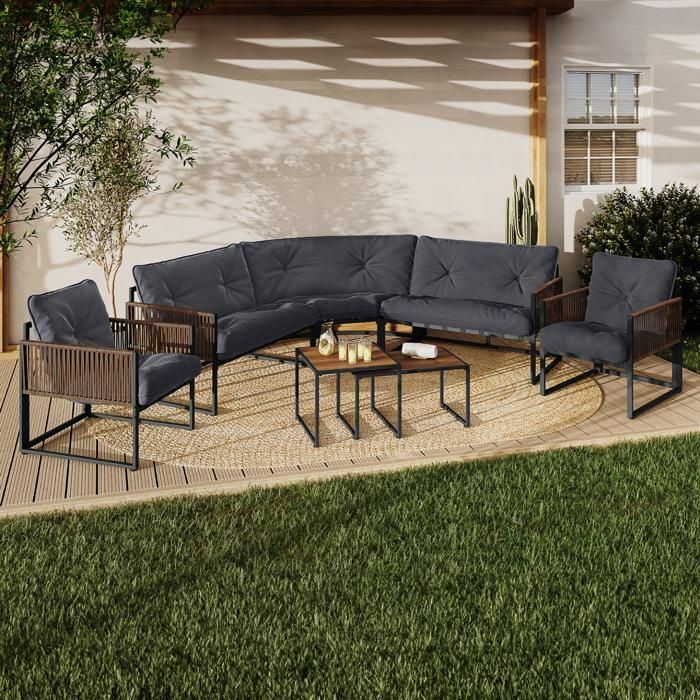 IDMARKET Salon de jardin bas RIO 8 places salon dangle structure métal gris anthracite cordage effet rotin avec coussins gris IDMARKET Salon de jardin bas RIO 8 places salon dangle structure métal gris anthracite cordage effet rotin avec coussins gris