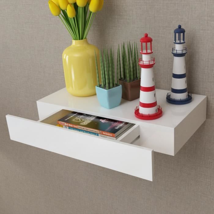 Etagère 1 tiroir murale en MDF Blanc pour DVD Livres et Plantes Durable élégant pour Chambre Salon Design Moderne Etagère 1 tiroir murale en MDF Blanc pour DVD Livres et Plantes Durable élégant pour Chambre Salon Design Moderne
