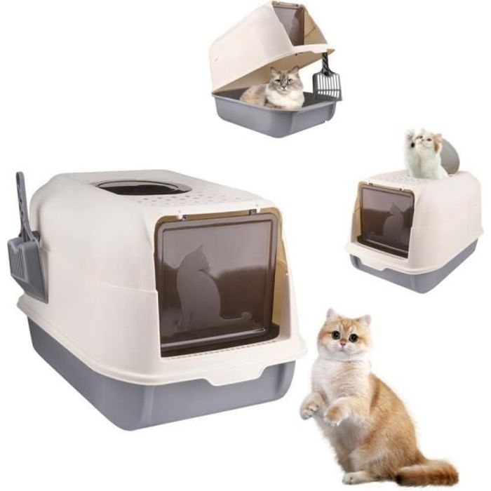Comparer les prix de MENGDA Bac à litière pour Chat Maison de Toilette avec Toit Ouvrant et Pelle  51 x 36 x 34 cm (Gris)