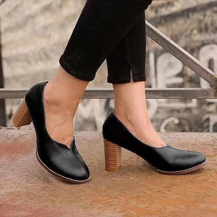 Femme Cuir Véritable Bloc Talons Compensés à bout pointu chaussures décontractées Escarpins Travail Chaussures