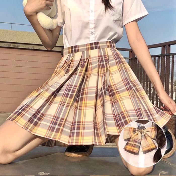 Jupe Kawai Plaid Femmes Jupes Plissees Avec Noeud Noeud D ete Taille Haute Preppy Filles Danse Mini Jupe Mignon Trapeze Blanc Cdiscount Pret a Porter