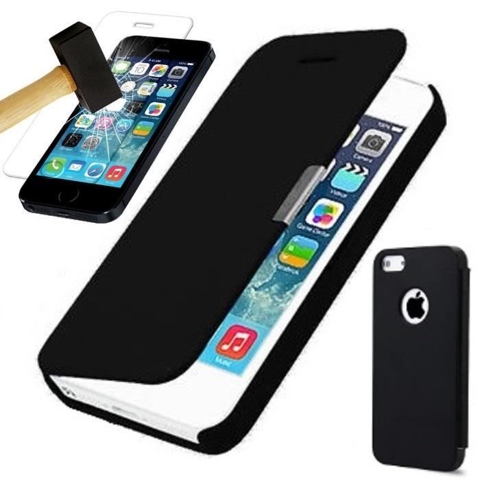 Coque iPhone SE (2016) Rabat magnétique Noir + Verre trempé Cdiscount