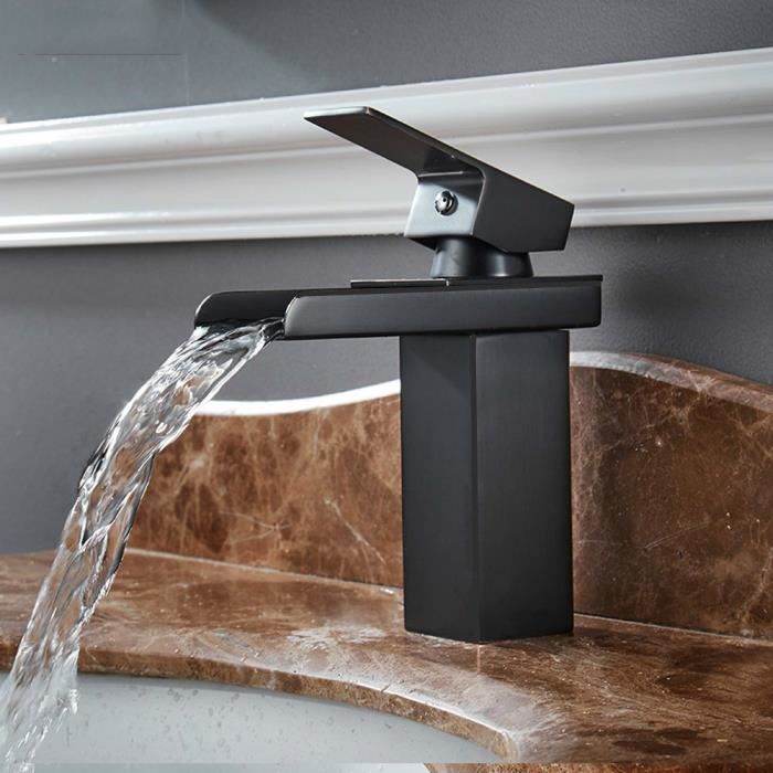 Robinet Lavabo Mural Noir Cascade - Mitigeur Laiton Pour Salle De Bain, Design Moderne