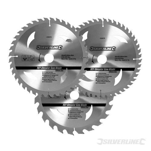 Jeu De 3 Lames De Scie Circulaire Silverline TCT 200 Mm - 24, 40 Et 48 Dents - Pour Bois Dur, Bois Tendre, Panneaux - Alésage 30 Mm Avec Bagues