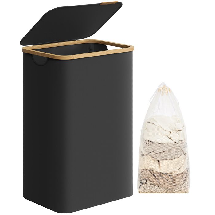 Panier à Linge Mince avec Couvercle - SONGMICS - 90L - Tissu Oxford - Noir dEncre