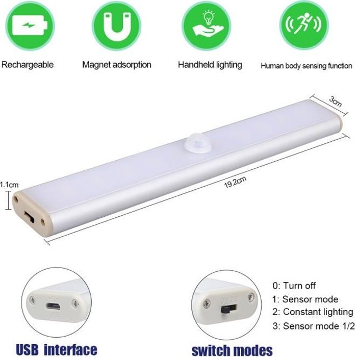 Veilleuse - TANBABY - Rechargeable USB - Détecteur de mouvement - 3 Modes - Adhésive