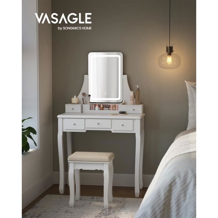 VASAGLE Coiffeuse 10 ampoules LED, Grand miroir, 4 tiroirs, tabouret, 1  présentoir de bijoux, 90 x 40 x 133,5 cm, Style classique - Cdiscount Maison