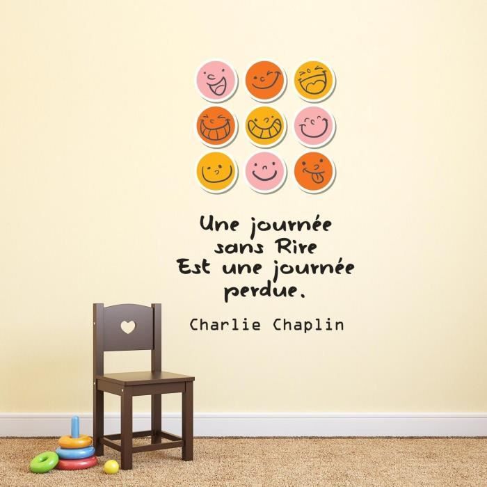 Sticker Mural Citation Charlie Chaplin - 'Une Journée Sans Rire Est Une Journée Perdue' - Déco Adhésive 65x55cm - Vinyle Haute Qualité