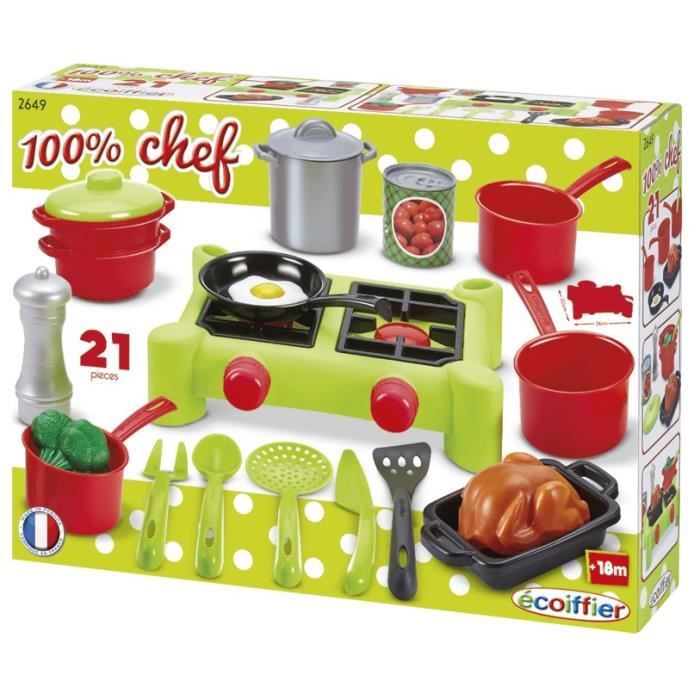 Jouets Ecoiffier Dînette Réchaud 100% Chef - 21 Pièces - Fabriqué En France Dès 18 Mois
