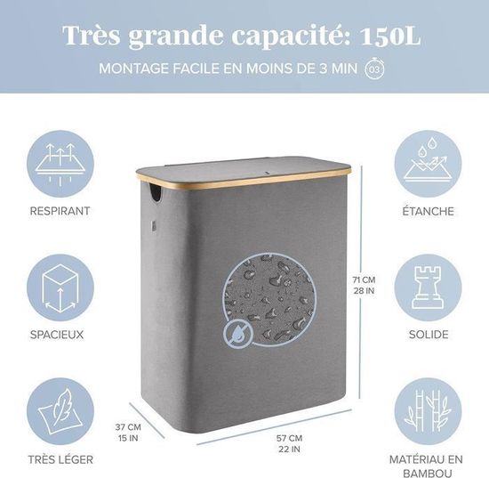 Panier à Linge 100 L 2 Compartiments Couvercle Pliable Couleur Boisee Ronex M25075842