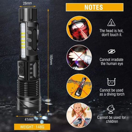 Lampe Torche LED 2000000LM Ultra Puissante – Rechargeable USB, étanche, Avec Clip, Noire