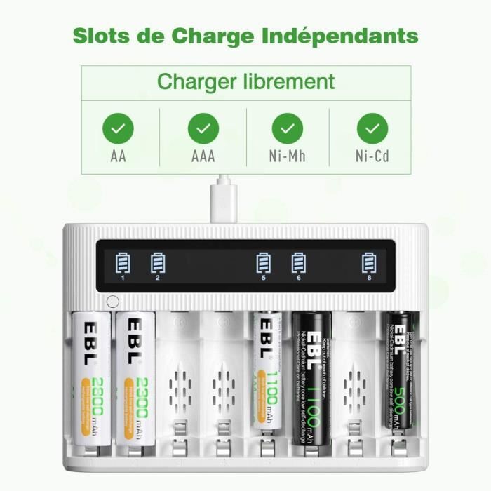 EBL Chargeur de Piles 8 Slots, avec 4PCS Piles Rechargeables AA